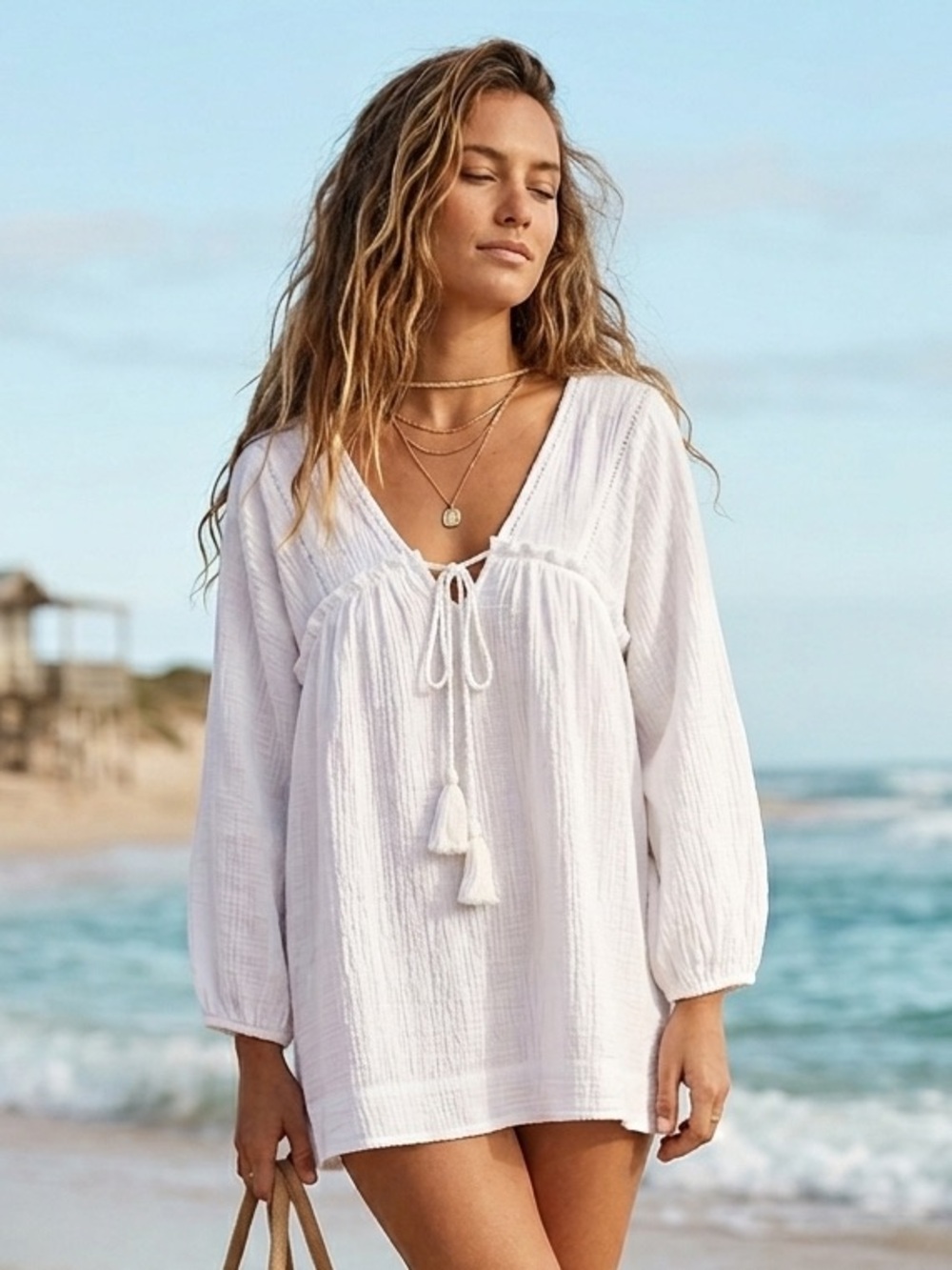 Very J White Cotton Gauze Boho Peasant Blouse Tassel Coastal Minimalist Medium